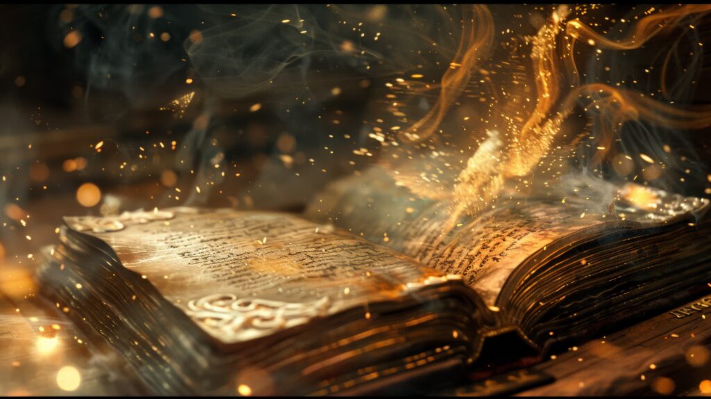 Ancient magical book emitting golden sparkles and ethereal light, symbolizing mystery, fantasy, and enchantment in a mystical setting.
