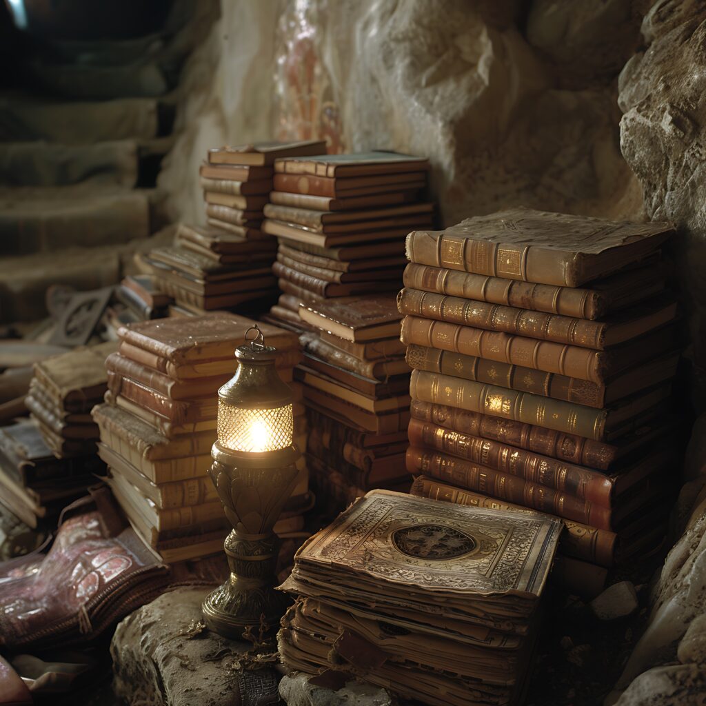 Stacks of ancient leather-bound books and scrolls in a dimly lit cave, symbolizing the richness of ancient wisdom and its relevance in integrating ancient wisdom into modern life.