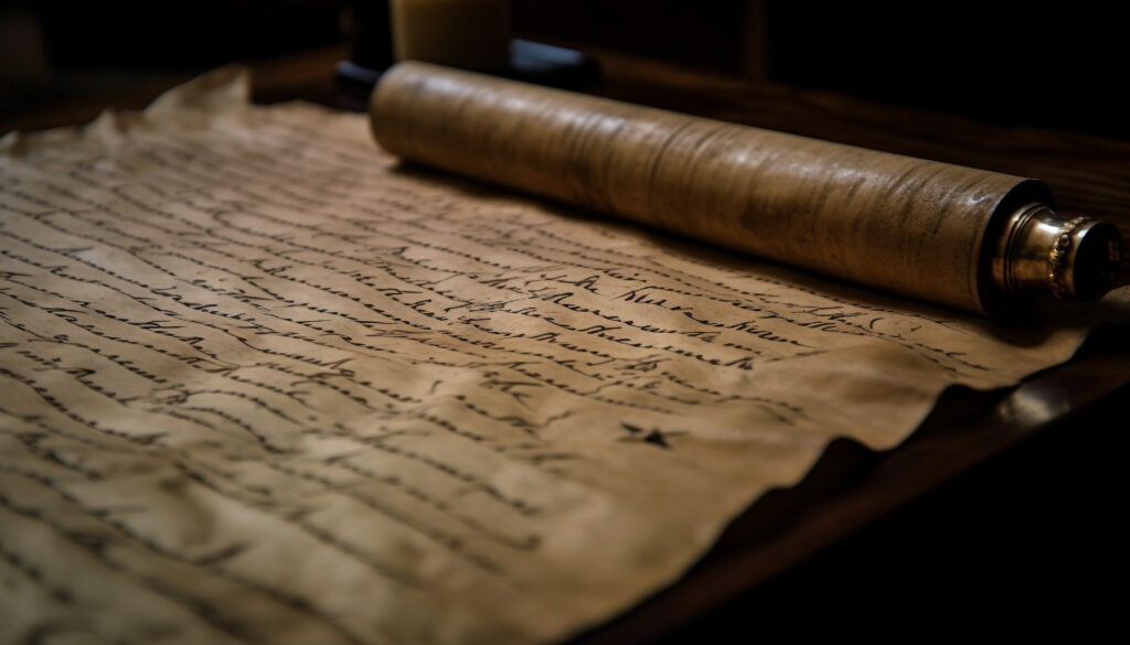 An antique scroll unfurled on a wooden table, featuring handwritten Christian text, symbolizing the enduring legacy of ancient wisdom in religious teachings