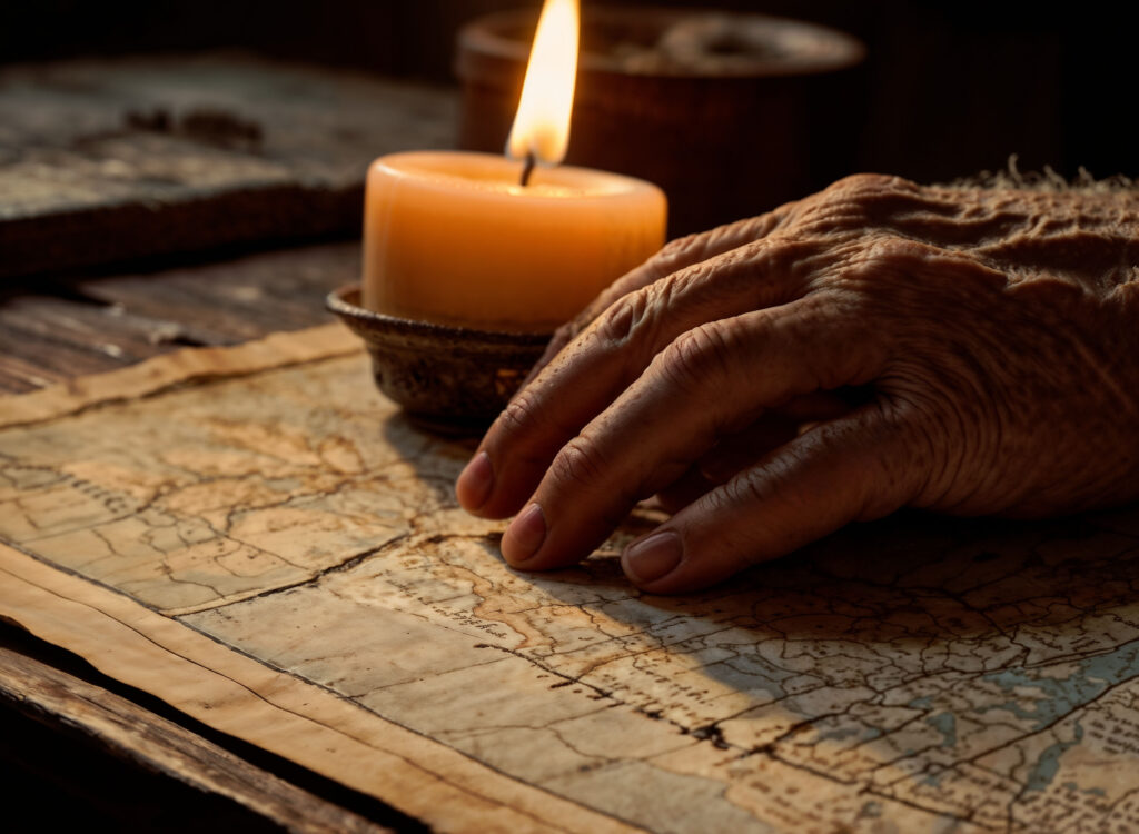 Close-up of an old hand resting on an ancient map, illuminated by candlelight, symbolizing the journey of integrating ancient wisdom into modern life.