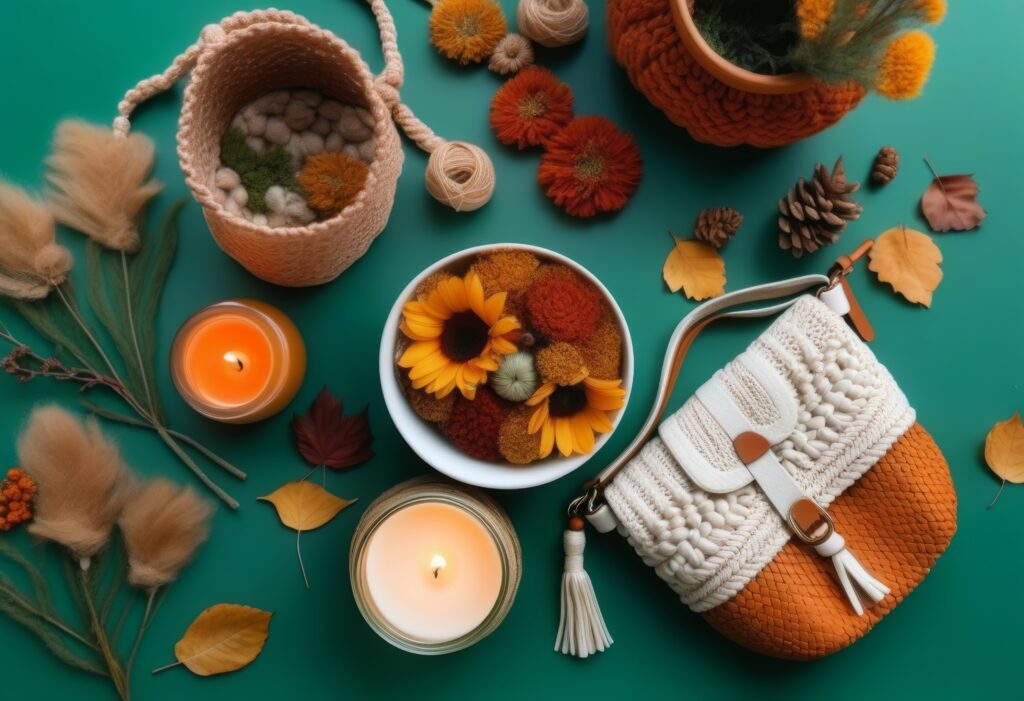 A cozy autumn-themed setup featuring a macramé handbag, candles, and dried flowers, perfect for Mabon activities and seasonal decorations