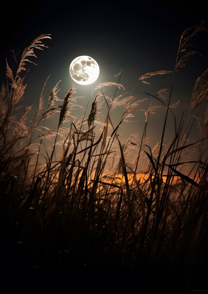 A full harvest moon rises behind tall grass, illuminating the night with its full moon energy