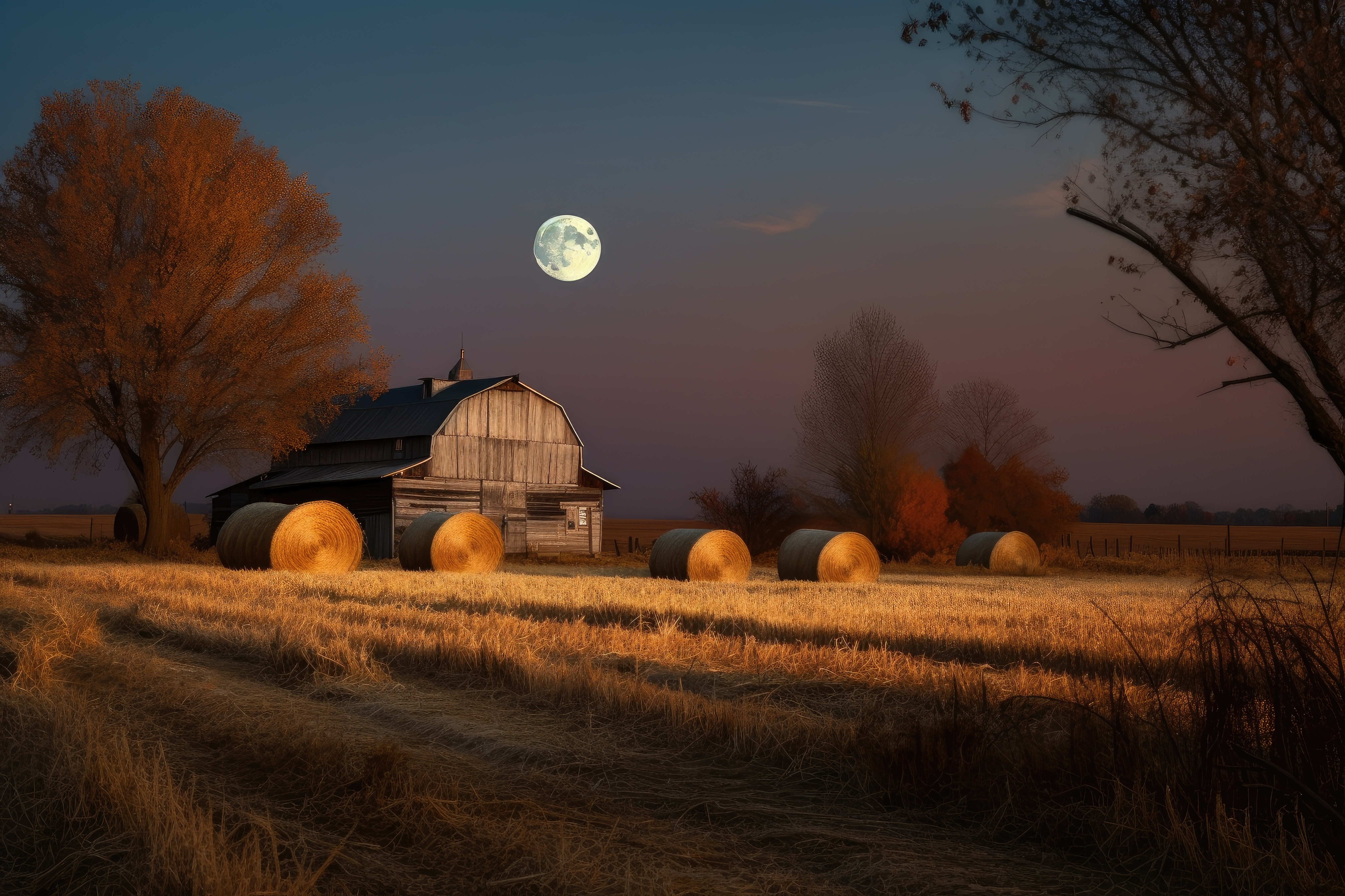 The full harvest moon shines over a peaceful farm with hay bales, capturing the serene spirit of the harvest moon