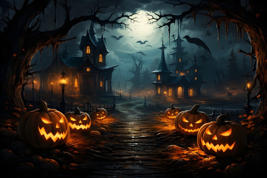 A spooky Halloween scene with glowing jack-o'-lanterns, bats flying under a full moon, and a haunted house in the background.