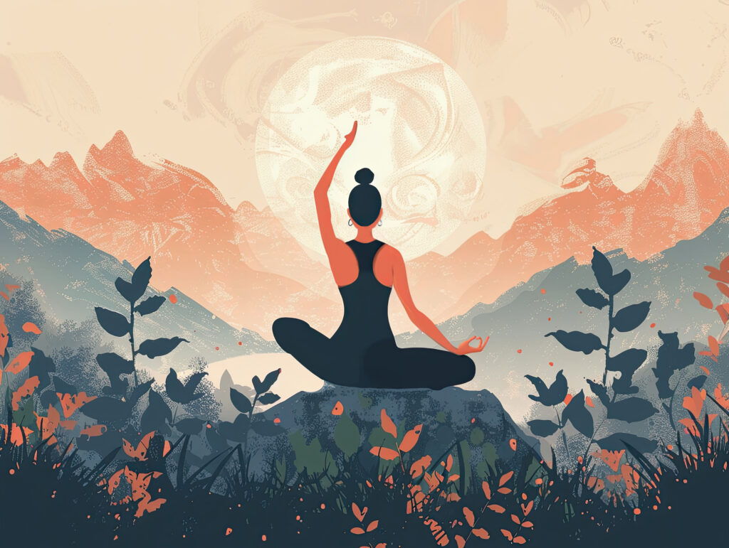 Digital art illustration of a person practicing yoga in a serene natural setting, surrounded by mountains and plants, symbolizing inner peace and connection with nature