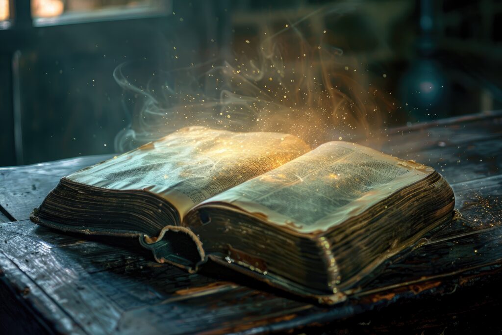 An ancient book on a wooden table, emitting a magical glow, symbolizing the power of integrating ancient wisdom into modern life