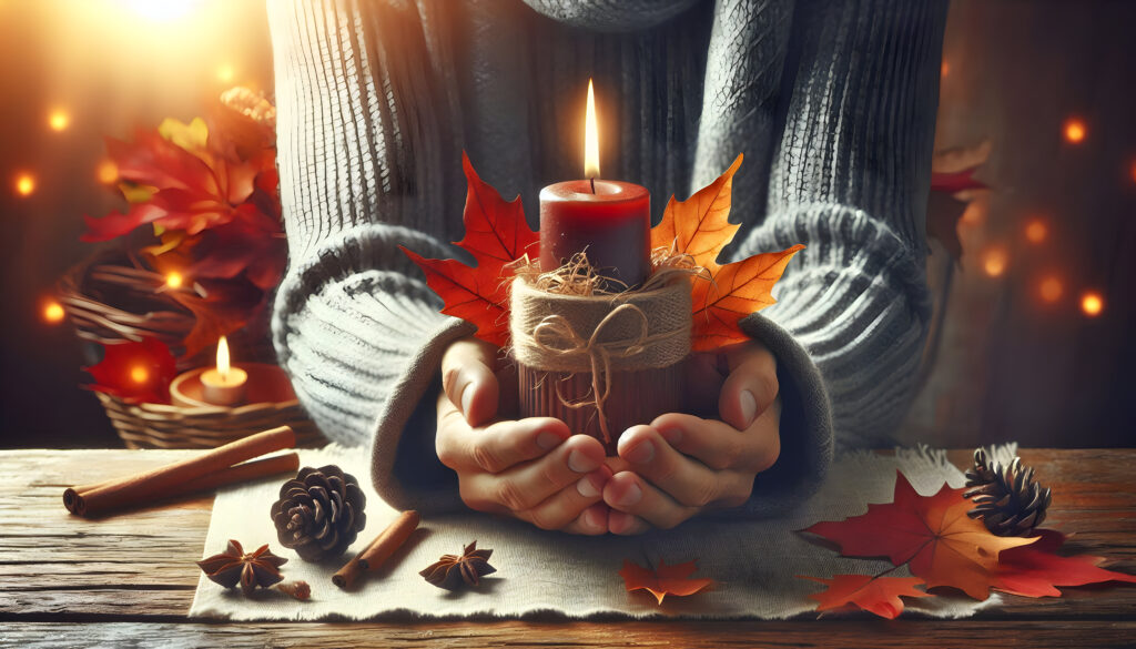 Hands holding a candle adorned with autumn leaves, symbolizing the warmth and gratitude of Mabon rituals and celebrations