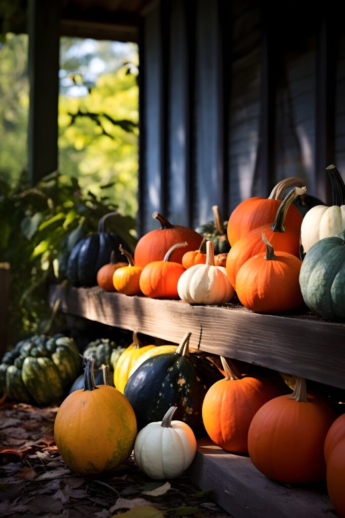 A vibrant arrangement of pumpkins indoors, celebrating the spirit of the harvest moon.