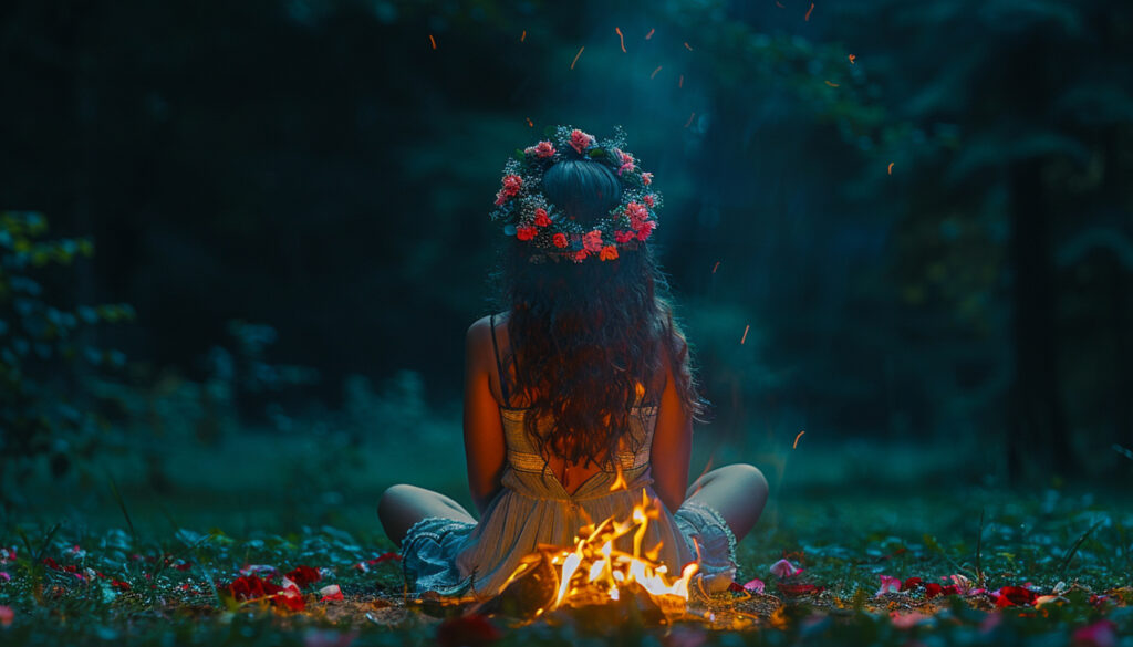 A woman with a flower crown sits by a small fire in a forest, embodying the serene and mystical atmosphere of Samhain rituals.