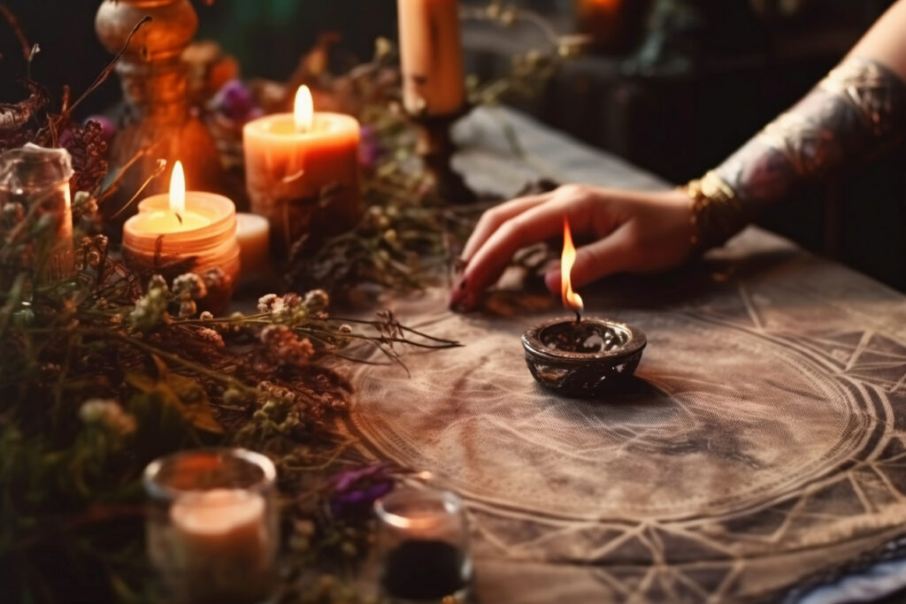 A mystical scene with candles and herbs set for Mabon spells, embodying the spiritual energy of the autumn equinox pagan practices