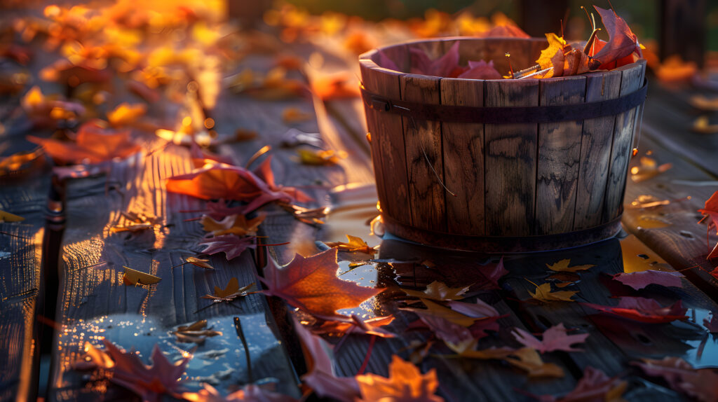 A rustic wooden bucket filled with water, surrounded by vibrant autumn leaves, capturing the essence of fall equinox magic