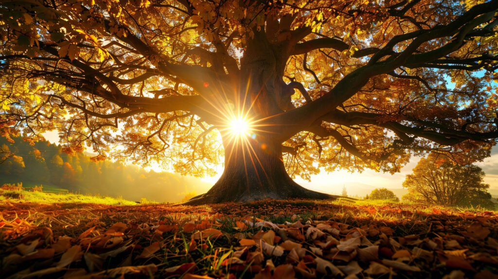 The sun shining through a large tree with golden leaves, representing the balance of light and dark during the Celtic autumn equinox