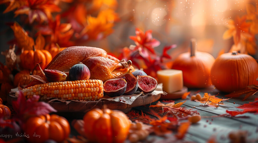 A festive autumn table set with roasted turkey, corn, and pumpkins, symbolizing the abundance of Mabon and fall equinox rituals.