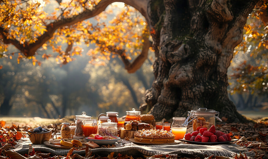 A cozy outdoor picnic set under a tree with vibrant autumn leaves, perfect for celebrating Mabon Wicca and enjoying Mabon traditions