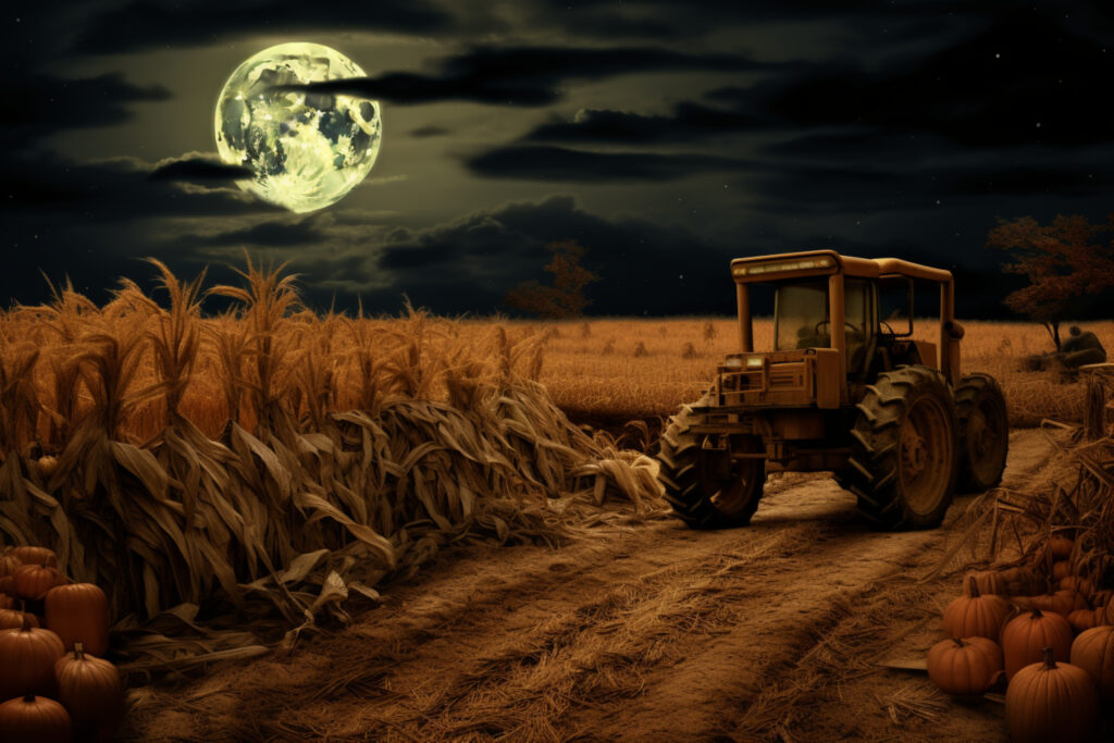 A tractor in a cornfield under the full harvest moon, symbolizing the spirit of the harvest moon and Thanksgiving