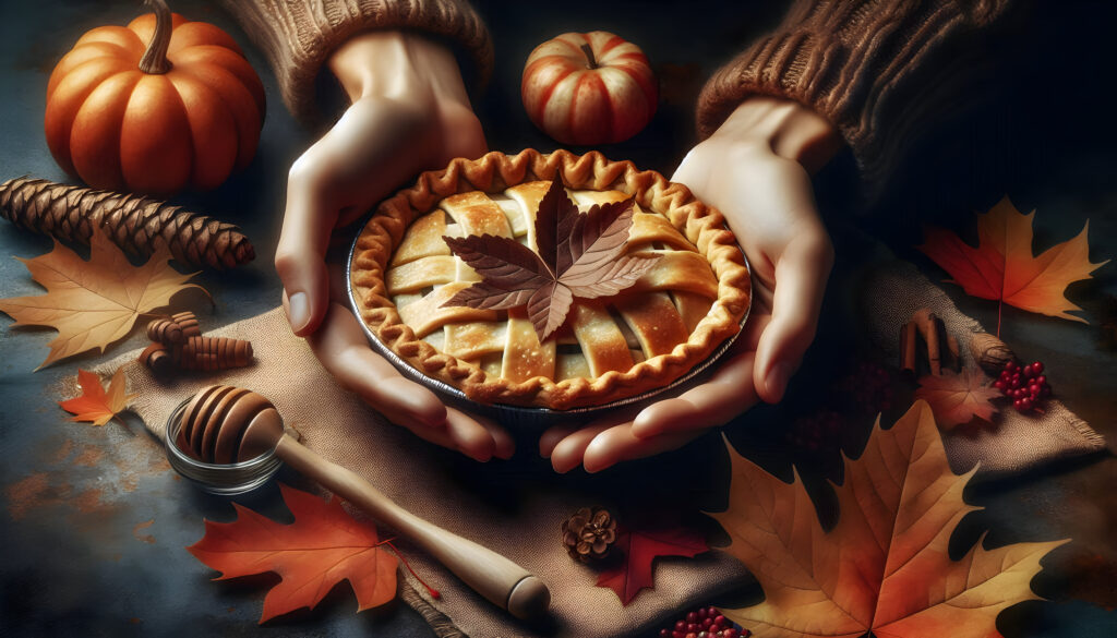 A beautifully presented Thanksgiving pie with autumn leaves and pumpkins, capturing the essence of Mabon and fall equinox celebrations