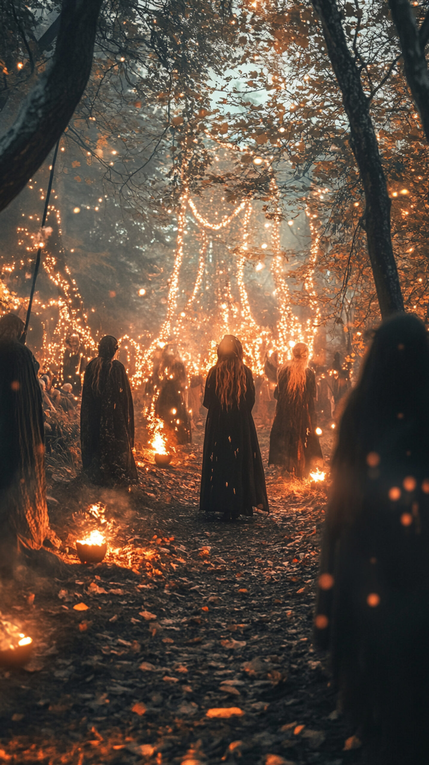 A group of people gather in a forest at dusk, participating in a Samhain ritual, surrounded by glowing fires and mystical lights