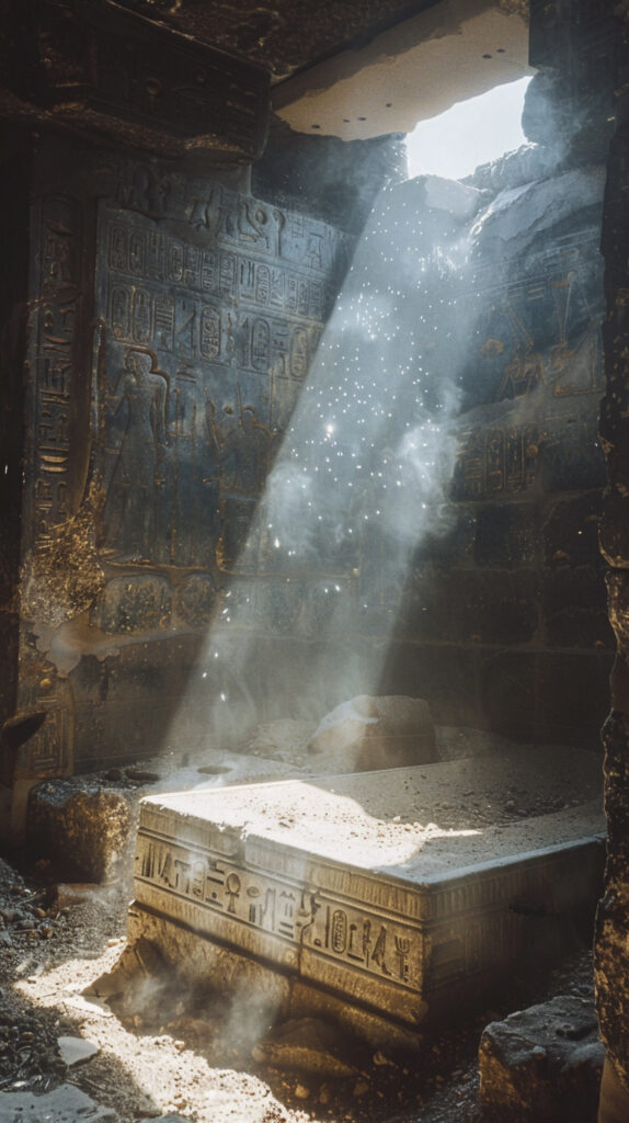 Sunlight streaming into an ancient Egyptian temple tomb, illuminating hieroglyphics and stone carvings, evoking the mystique of ancient wisdom