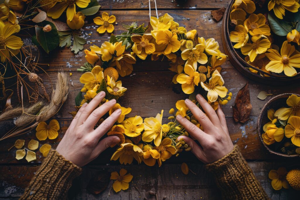 A handcrafted yellow flower wreath being made, ideal for Mabon activities and honoring Mabon deities during the autumn equinox