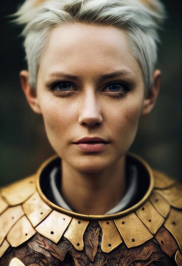 woman with short hair and wearing armour