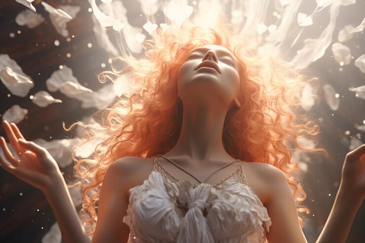 the masculine shield: beautiful ethereal woman with eyes closed and red hair