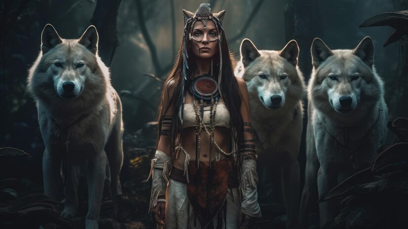 tribal woman with Three wolves behind her representing the masculine shield and illustrating the woman who runs with the wolves