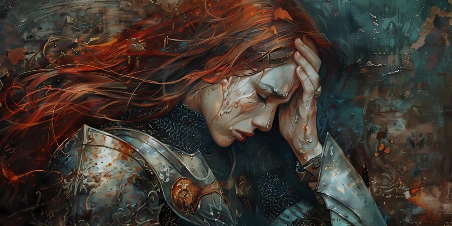 warrior woman crying, tired from wearing a masculine shield