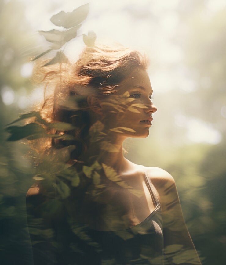 divine feminine energy;  A woman bathed in golden sunlight stands in a dreamy, ethereal setting. Leaves and soft light overlay her face, creating a layered effect that blends nature with her serene expression. Her hair flows gently, and the warm glow enhances the mystical, peaceful mood of the image.