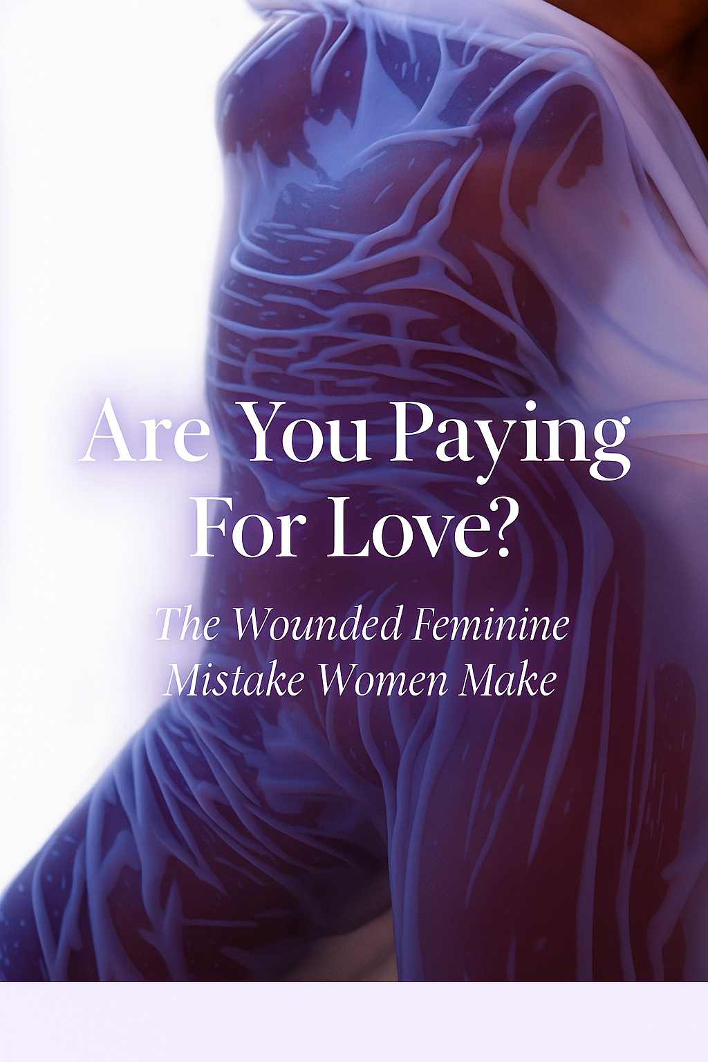 Photograph of a woman draped in translucent purple fabric with the words “Are You Paying For Love?” overlaid. Conveys the wounded feminine mistake of equating love with financial giving.