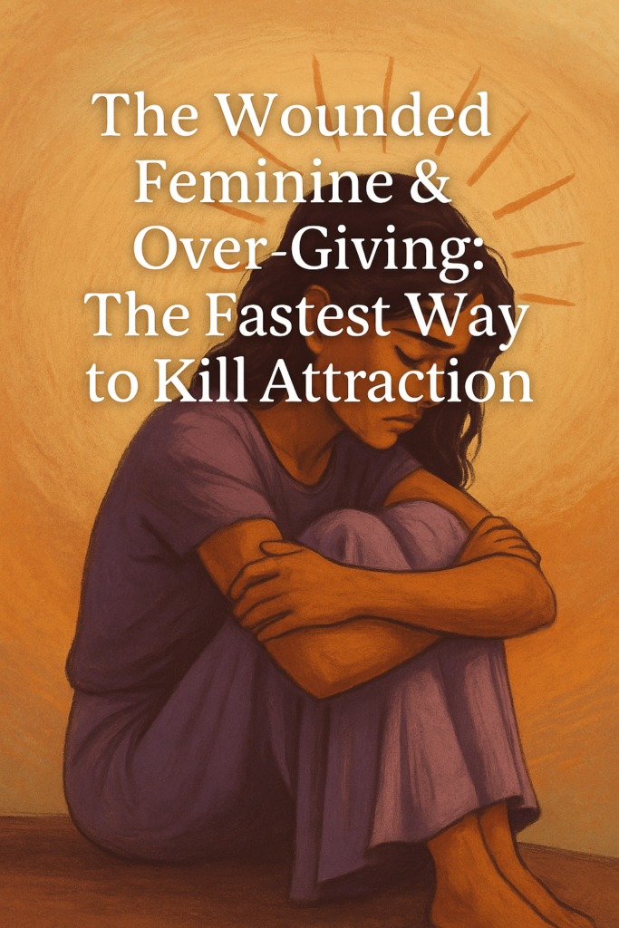 Illustration of a woman sitting curled up with arms around her knees, eyes closed in sadness. Evokes the pain of the wounded feminine and the loss of attraction caused by over-giving and depletion.