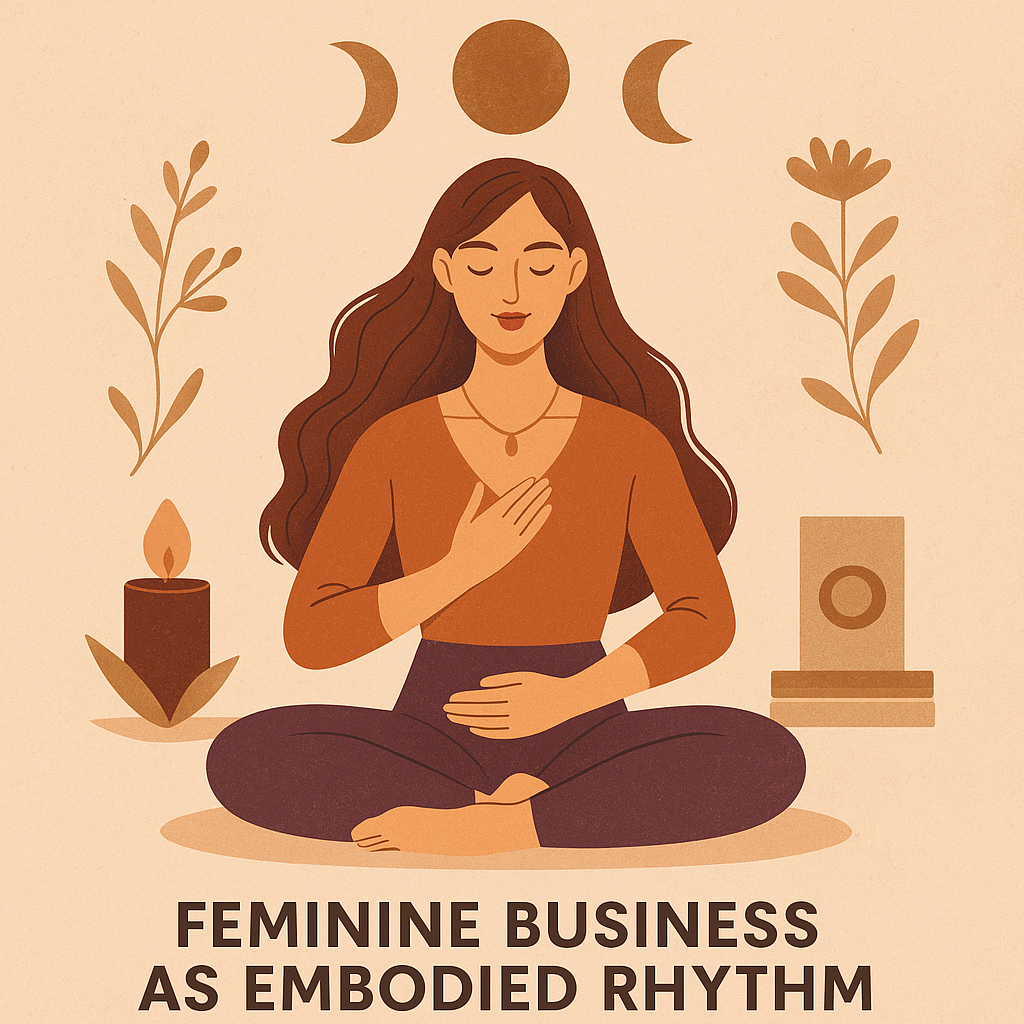 Illustration of a young woman seated at a glowing desk surrounded by soft light and flowing natural elements, symbolizing feminine business as a cyclical and embodied rhythm. The image conveys a blend of structure and intuition, highlighting balance, grace, and inner alignment in work.