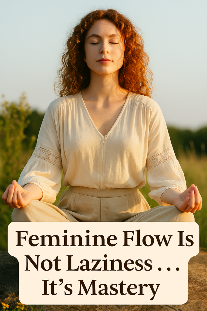 A digital illustration featuring a serene, feminine figure in flowing garments with the text “Feminine Flow Is Not Laziness… It’s Mastery,” visually representing the concept of feminine business. The soft, ethereal background evokes cyclical rhythm, intuitive power, and embodied leadership.
