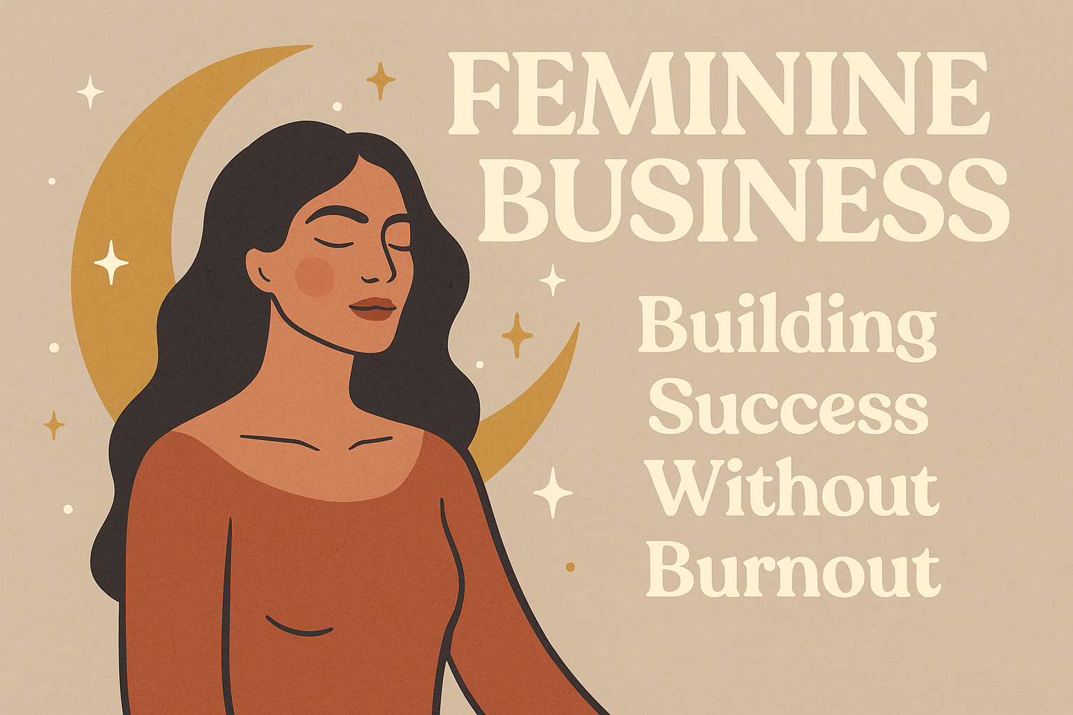 Illustration of a serene woman seated in a soft-lit, modern workspace surrounded by symbols of femininity and intuition—moon phases, flowers, and sacred objects—evoking the essence of feminine business, cyclical wisdom, and heart-led entrepreneurship.