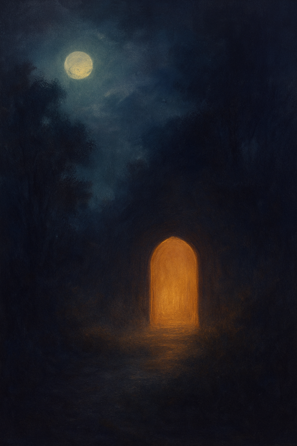 A mystical, atmospheric landscape bathed in soft moonlight, symbolizing spiritual pause and the quiet power of becoming