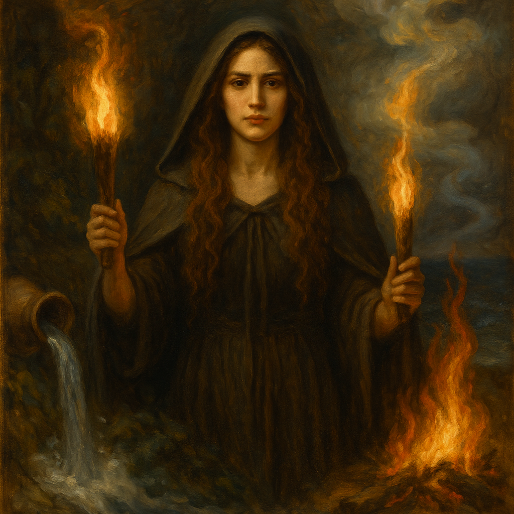 A Romantic-style painting of the Elemental Witch, one of the 12 Witch Archetypes, depicted in dynamic connection with the elements — wind in her hair, firelight in her eyes, water nearby, and bare feet touching the earth — embodying nature’s raw power and harmony.