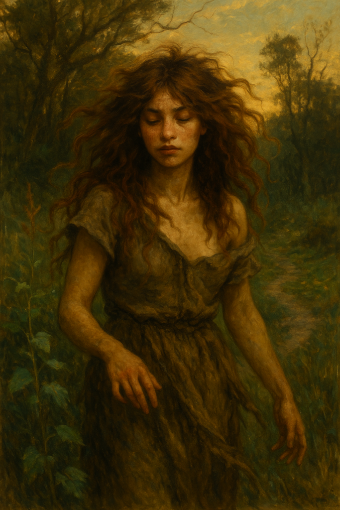 A vivid Pre-Raphaelite-style painting of the Wild Witch, one of the 12 Witch Archetypes. She stands barefoot in untamed nature, with wind-swept hair and fierce, untethered energy — embodying raw instinct, freedom, and the unapologetic spirit of the wilderness.