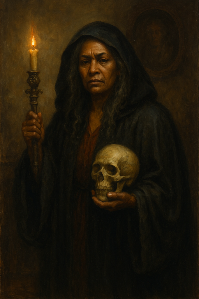 A traditional oil painting representing the Ancestral Witch, one of the 12 Witch Archetypes. She appears as a wise, matriarchal figure with deep, knowing eyes and ceremonial adornments, symbolizing lineage, inherited wisdom, and intergenerational healing.