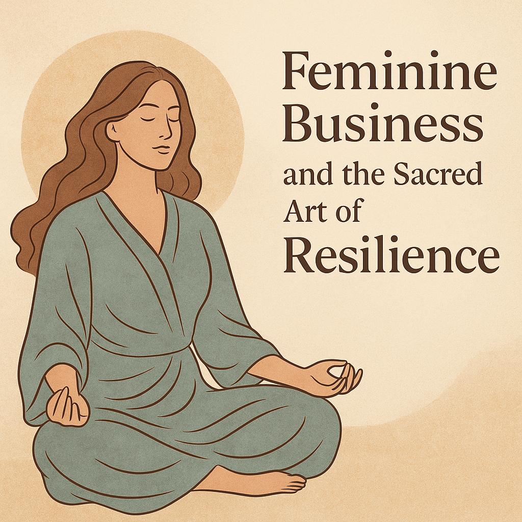 Digital illustration of a serene woman meditating amidst soft, glowing surroundings, symbolizing feminine business and the sacred art of resilience through inner stillness, emotional wisdom, and intuitive leadership.
