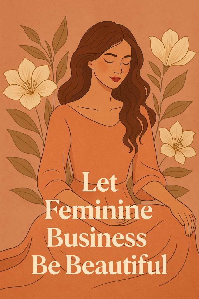 A digital illustration of a radiant woman surrounded by flowers, light, and soft artistic elements, embodying the essence of feminine business as beauty, creativity, and soulful self-expression.