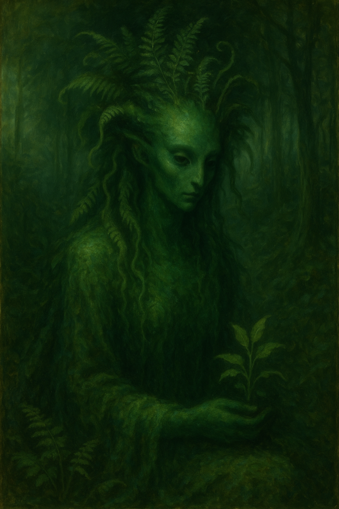 Green Witch from the 12 Witch Archetypes, emerging from a forest in communion with nature, her presence wild, mystical, and rooted.