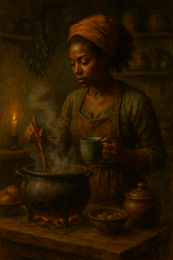 Kitchen Witch from the 12 Witch Archetypes, standing in a warm, rustic space, stirring intention into a pot or tea, surrounded by herbs and warmth.