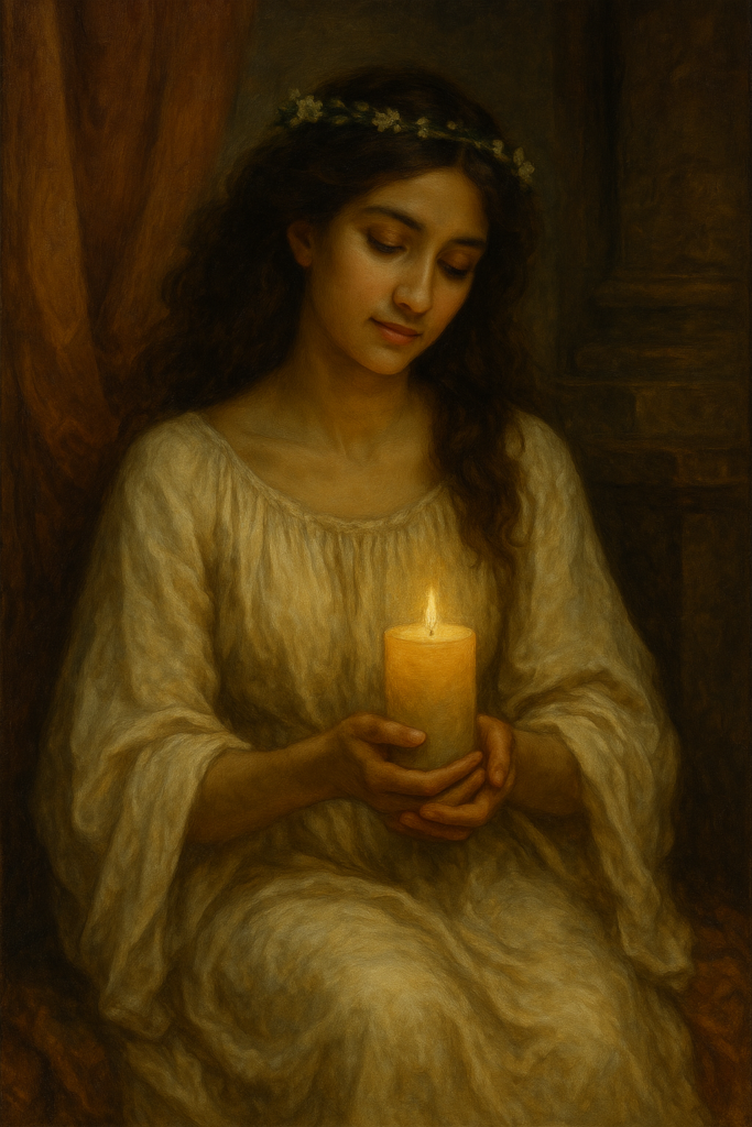 A luminous oil painting of the Light Witch, one of the 12 Witch Archetypes. She is surrounded by a soft glow, with a serene expression and an open-hearted presence that radiates warmth, gentle strength, and quiet illumination.