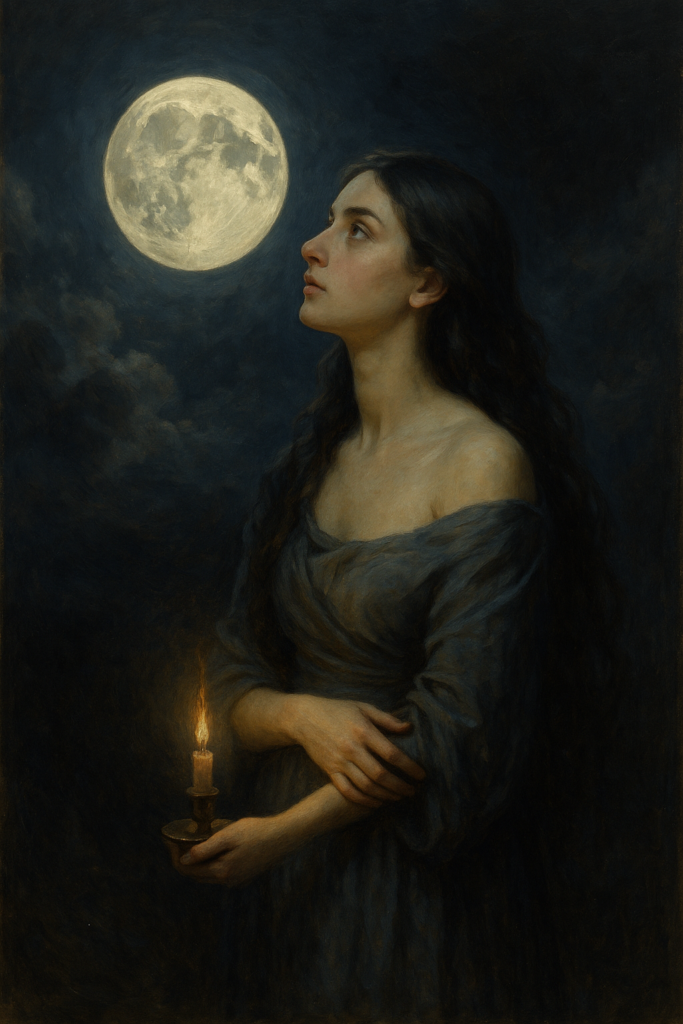 Moon Witch from the 12 Witch Archetypes, bathed in moonlight under a night sky, holding a candle in quiet devotion.