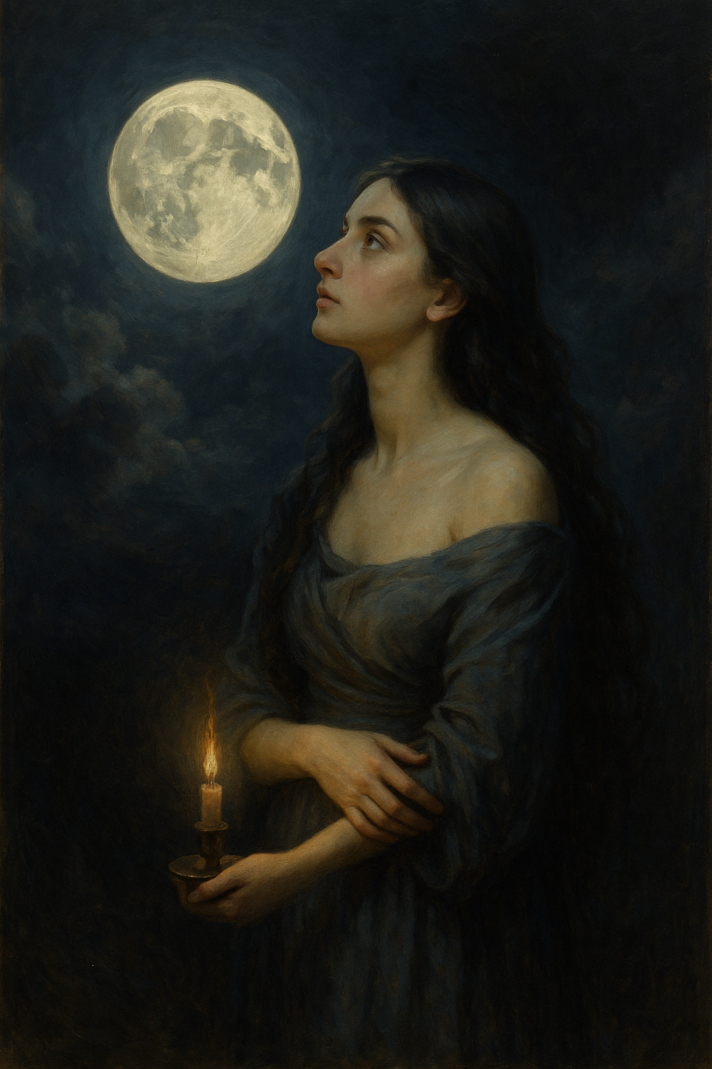 A luminous woman stands under the night sky, bathed in moonlight. A crescent moon glows above her, mirrored by silver markings on her forehead and womb. Her cloak shimmers with stars, and her eyes reflect quiet knowing. Surrounding her are ritual bowls, lunar herbs, and a journal filled with cyclical wisdom. She is the Moon Witch — the one who bleeds with the moon and lives in rhythm. As one of the 12 Witch Archetypes, she teaches surrender through phases and devotion through rest, guiding you back to your sacred timing.
