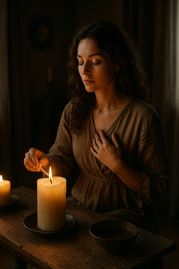 Ritual Witch from the 12 Witch Archetypes, performing sacred ceremony with candlelight and earthy elements in a soft-lit room.
