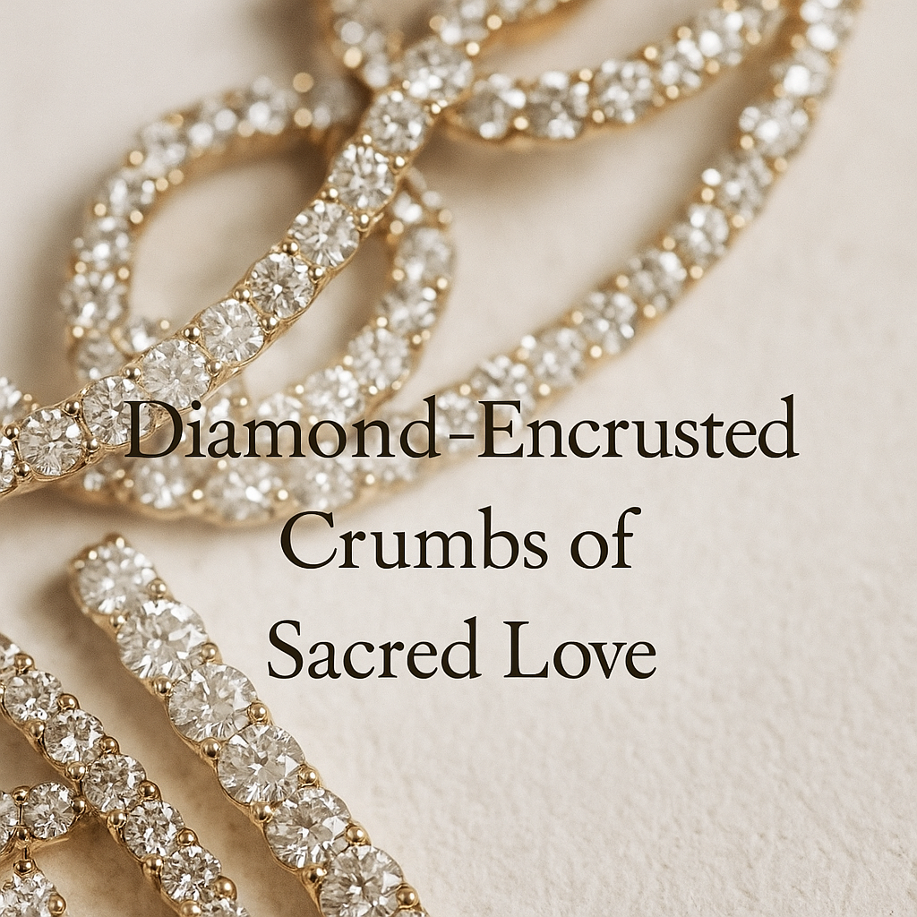 Elegant table with sparkling diamond-like reflections scattered like crumbs, symbolizing partial love offerings, with overlay text on sacred disillusionment.