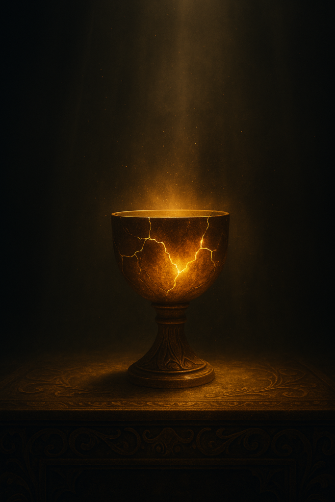A radiant golden chalice with glowing cracks sits on an ornate altar, illuminated by a beam of sacred light in a darkened space—symbolizing the beauty and power of love that has been broken and mended