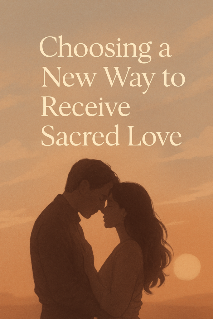 A couple embraces in a golden sunset landscape, foreheads gently touching in a moment of intimacy, capturing the tenderness and complexity of sacred love when it feels unsafe to the nervous system.