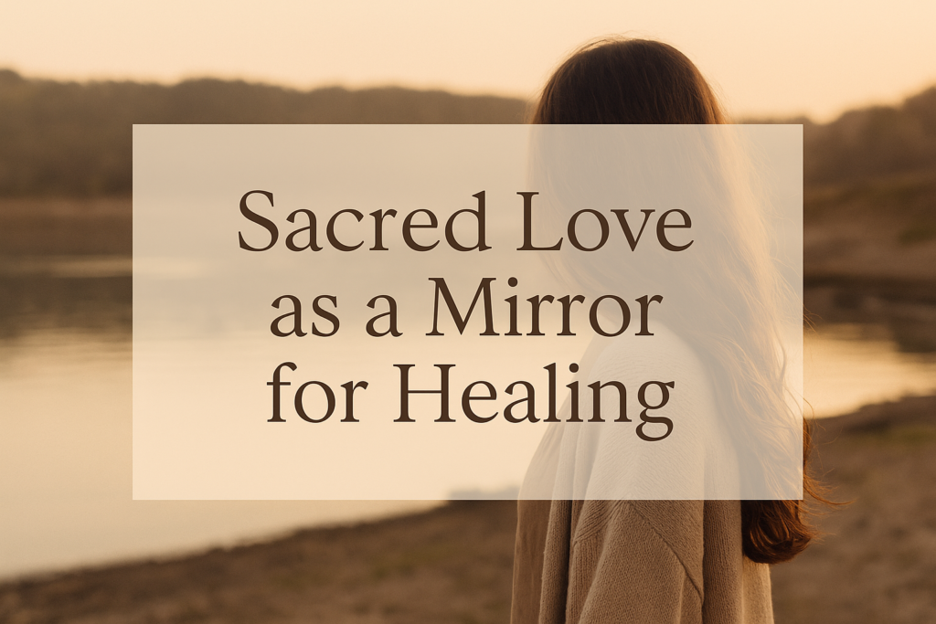 A woman stands at the edge of a lake during golden hour, her back to the camera, gazing into the water—a soft and reflective moment illustrating how sacred love serves as a mirror for healing.