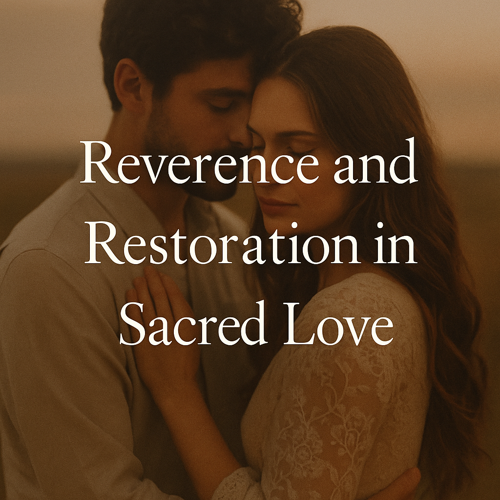 A couple stands in heartfelt connection, the man pressing his forehead to the woman’s, their eyes closed in peace and devotion—symbolizing reverence and the restorative nature of sacred love.